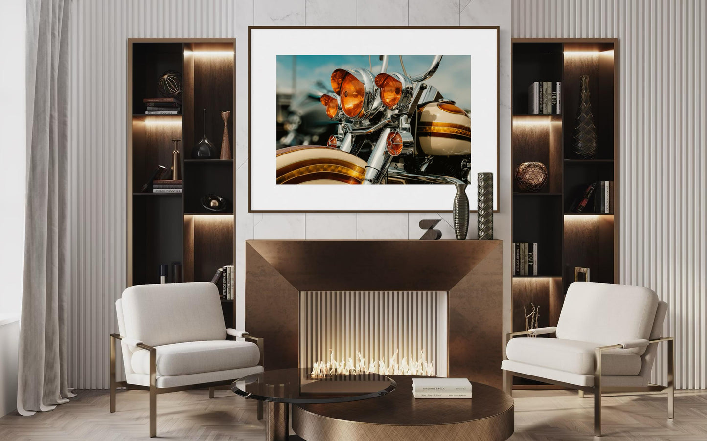 Classic Harley Davidson Motorcycle Chrome and Amber Lights Wall Art, Retro Bike Photography Print, Unique Decor for Biker Enthusiasts