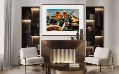 Classic Harley Davidson Motorcycle Chrome and Amber Lights Wall Art, Retro Bike Photography Print, Unique Decor for Biker Enthusiasts