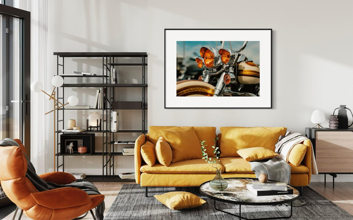 Classic Harley Davidson Motorcycle Chrome and Amber Lights Wall Art, Retro Bike Photography Print, Unique Decor for Biker Enthusiasts