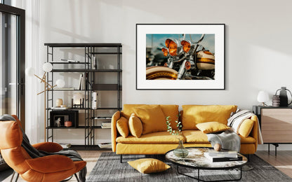 Classic Harley Davidson Motorcycle Chrome and Amber Lights Wall Art, Retro Bike Photography Print, Unique Decor for Biker Enthusiasts