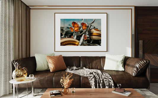 Classic Harley Davidson Motorcycle Chrome and Amber Lights Wall Art, Retro Bike Photography Print, Unique Decor for Biker Enthusiasts