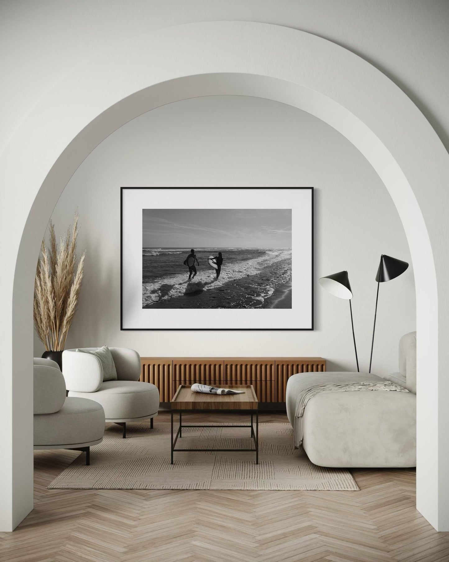Fine Art Black and White Surf Beach Photography, Surfers on the Shoreline Art Print, Coastal Wall Decor for Ocean Lovers - California Miami
