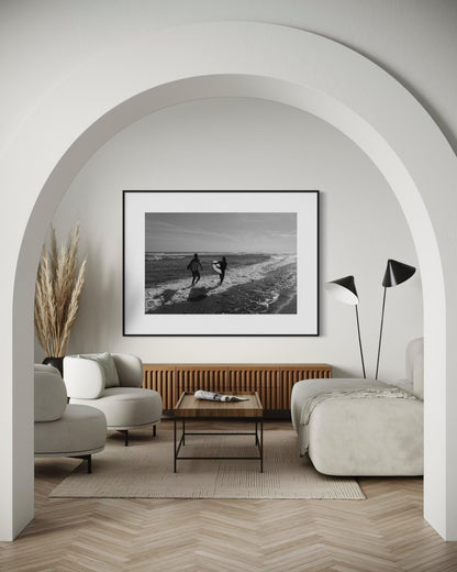 Fine Art Black and White Surf Beach Photography, Surfers on the Shoreline Art Print, Coastal Wall Decor for Ocean Lovers - California Miami