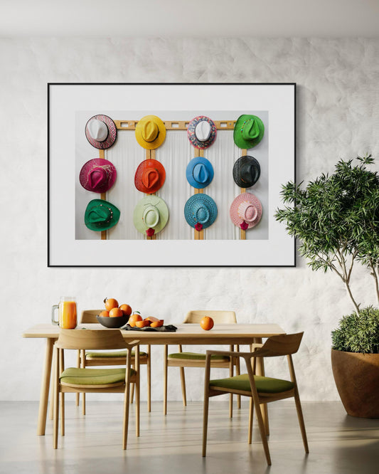 Fine Art Print - Colorful Hat Display Wall Art, Straw Hats Decor, Boho Decor, Colorful Accent for Living Room, Housewarming Gift, Patio