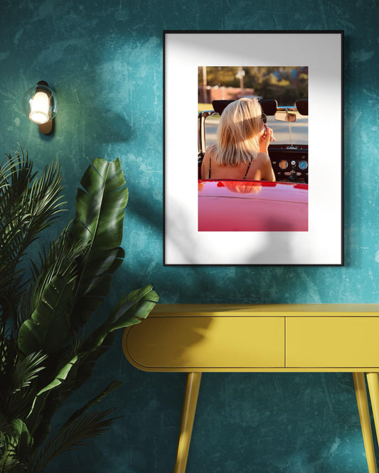 Lipstick Convertible Summer Vibes Art, Woman Driving Classic Car, MG Midget Fashion Red Car Print Timeless Glamour, Gift, Decor, Vintage