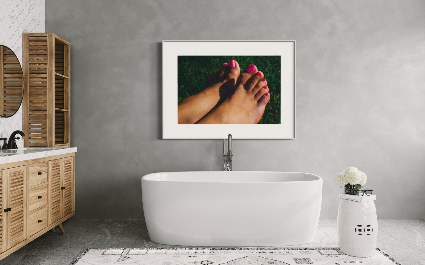 Fine Art Print - Lifestyle Summer Wall Art - Close-Up of Feet with Pink Nail Polish on Grass - Outdoor Decor for Home Decor, Poster, Gift