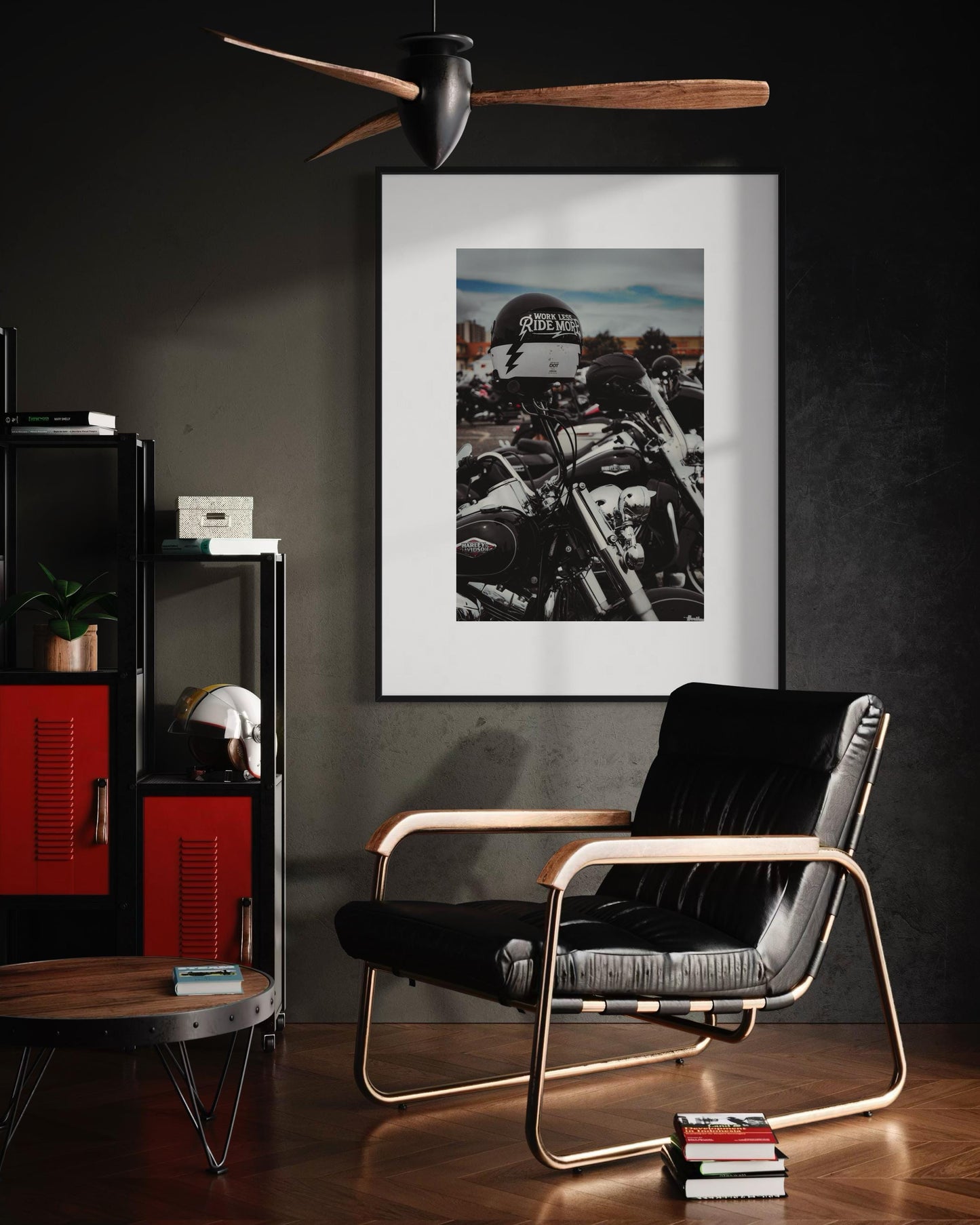 Fine Art Print - Work Less Ride More, Harley-Davidson Motorcycle Print, Biker Wall Decor, Gift, Man Cave, garage, office, housewarming
