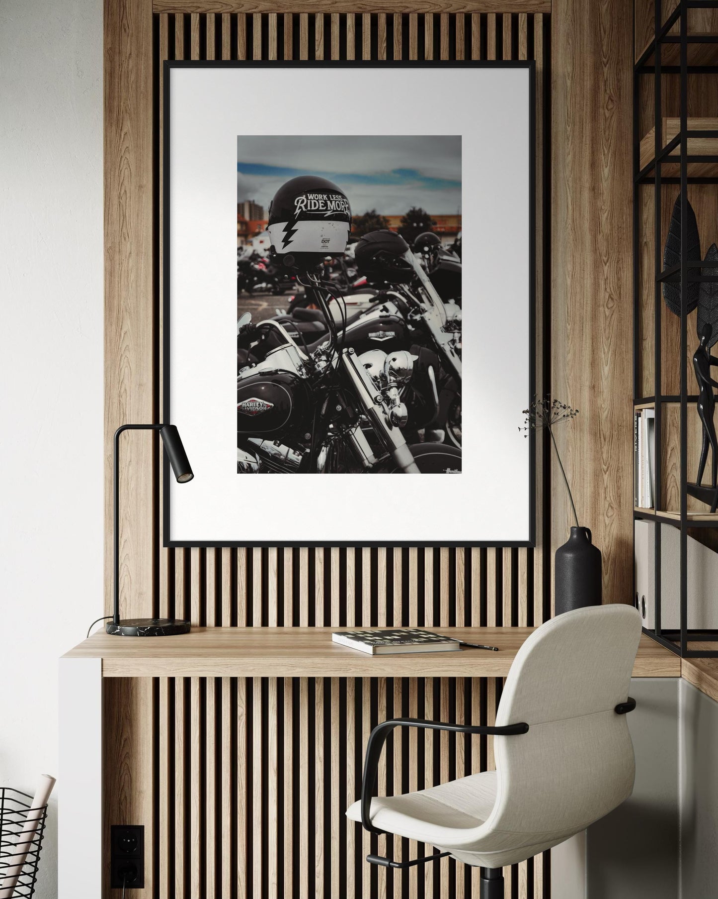 Fine Art Print - Work Less Ride More, Harley-Davidson Motorcycle Print, Biker Wall Decor, Gift, Man Cave, garage, office, housewarming