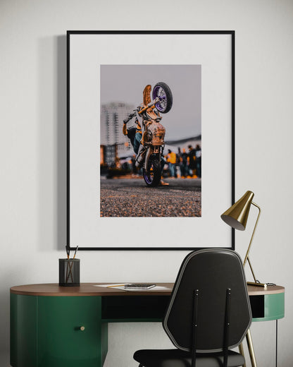 Fine Art Print - Purple Motocross Wall Art, Motorcycle Wheelie, Dirt Bike Print, Poster for Extreme Sports, Bedroom Decor, Gift Ideas