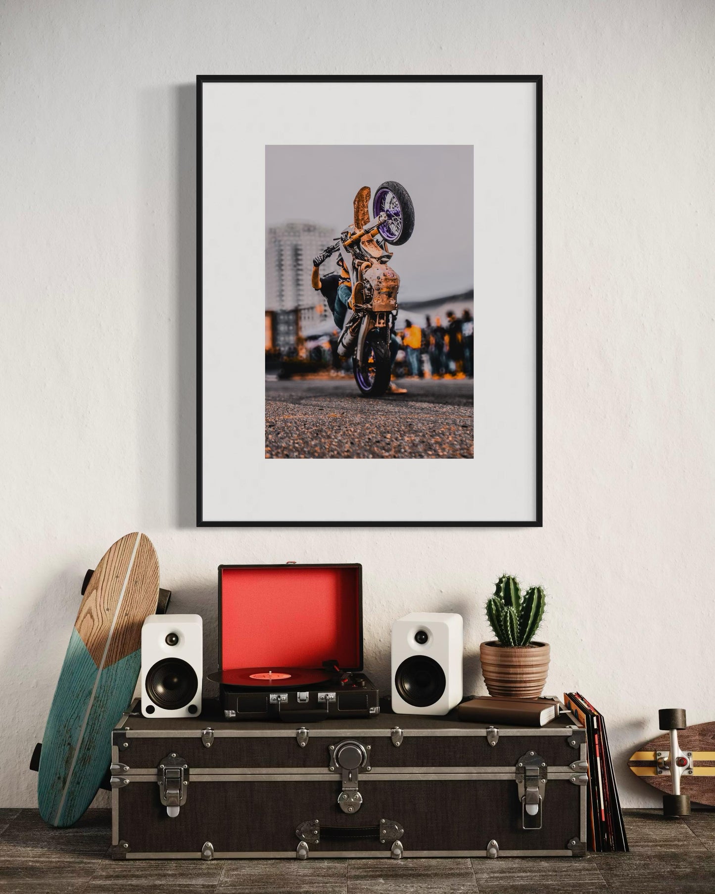 Fine Art Print - Purple Motocross Wall Art, Motorcycle Wheelie, Dirt Bike Print, Poster for Extreme Sports, Bedroom Decor, Gift Ideas