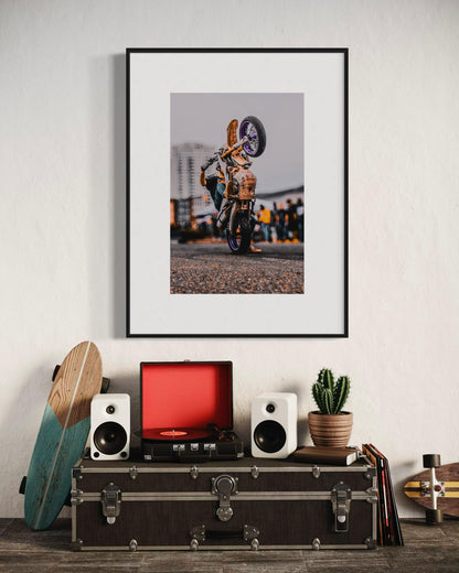 Fine Art Print - Purple Motocross Wall Art, Motorcycle Wheelie, Dirt Bike Print, Poster for Extreme Sports, Bedroom Decor, Gift Ideas