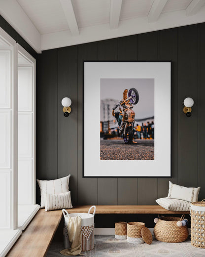 Fine Art Print - Purple Motocross Wall Art, Motorcycle Wheelie, Dirt Bike Print, Poster for Extreme Sports, Bedroom Decor, Gift Ideas