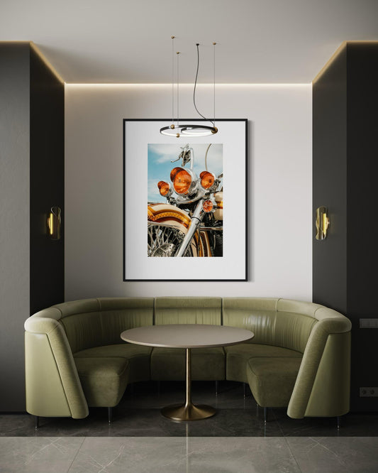 Fine Art Print - Motorcycle Chrome and Amber Lights Wall Art, Vintage Harley Davidson Print, Poster, man cave, garage, or office decor gift