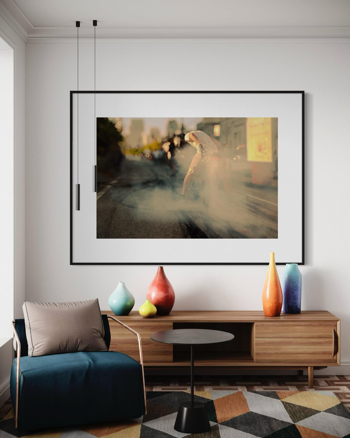 Fine Art Print - Motorcycle Burnout, Smoky Street Scene, Biker Lifestyle Wall Art, Gold Yellow Accent Decor, Gift for him, biker, garage