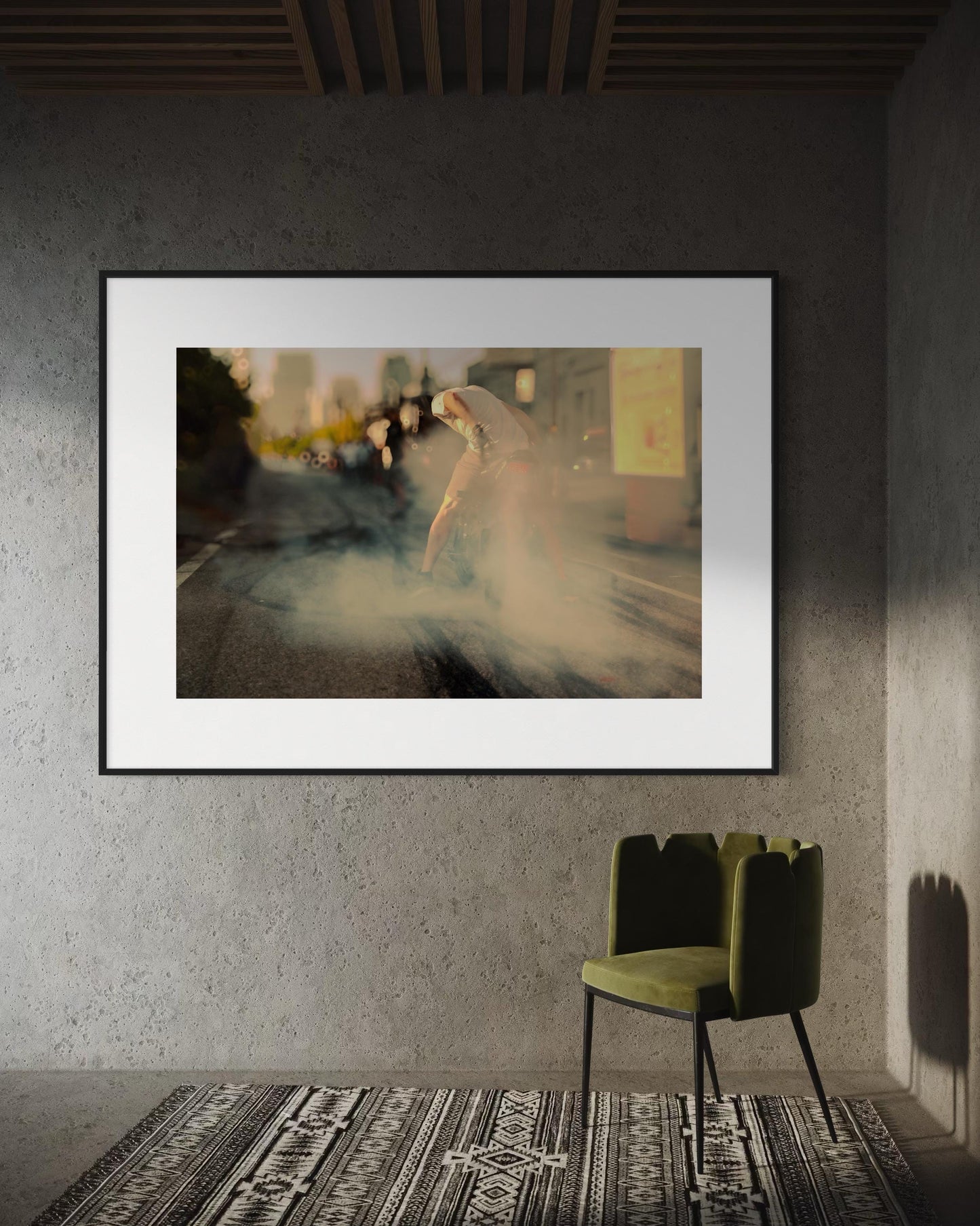 Fine Art Print - Motorcycle Burnout, Smoky Street Scene, Biker Lifestyle Wall Art, Gold Yellow Accent Decor, Gift for him, biker, garage