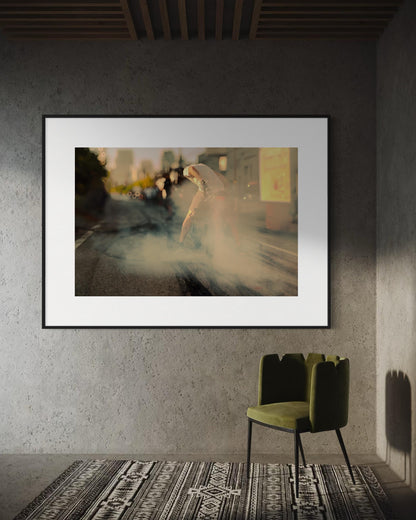 Fine Art Print - Motorcycle Burnout, Smoky Street Scene, Biker Lifestyle Wall Art, Gold Yellow Accent Decor, Gift for him, biker, garage