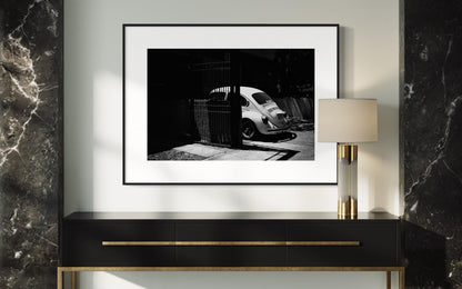 Fine Art Classic VW Beetle: Shadows & Light, Black and White Retro Poster Print Wall Art for Vintage Car Lovers
