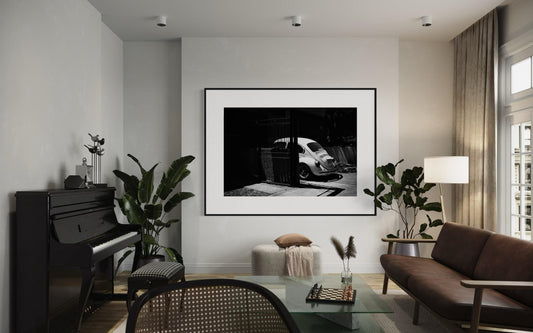 Fine Art Classic VW Beetle: Shadows & Light, Black and White Retro Poster Print Wall Art for Vintage Car Lovers