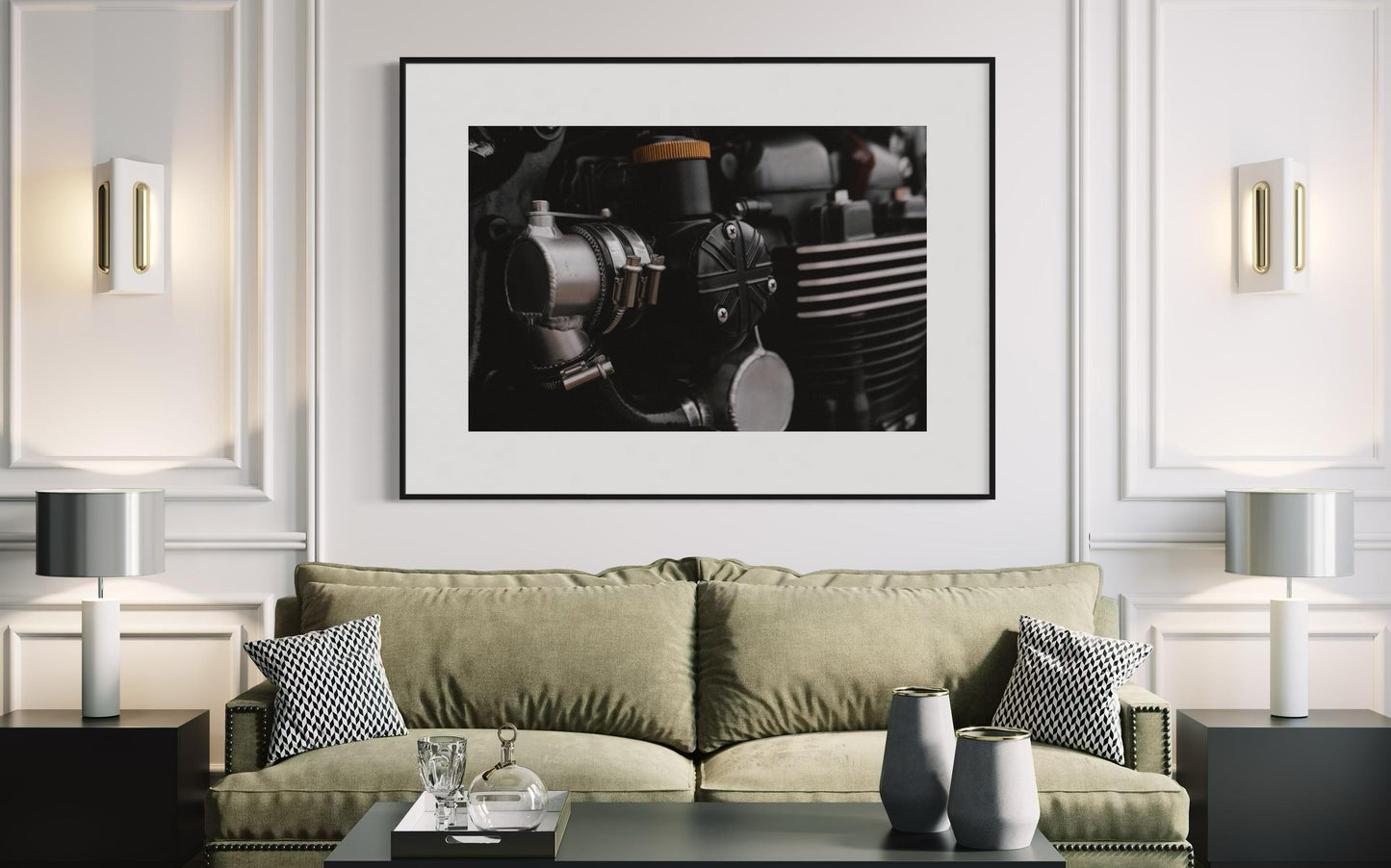 Triumph Motorcycle Engine Wall Art - Close-Up with Union Jack British Flag poster - Industrial British Design Photo for Garage or Man Cave