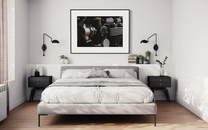 Triumph Motorcycle Engine Wall Art - Close-Up with Union Jack British Flag poster - Industrial British Design Photo for Garage or Man Cave