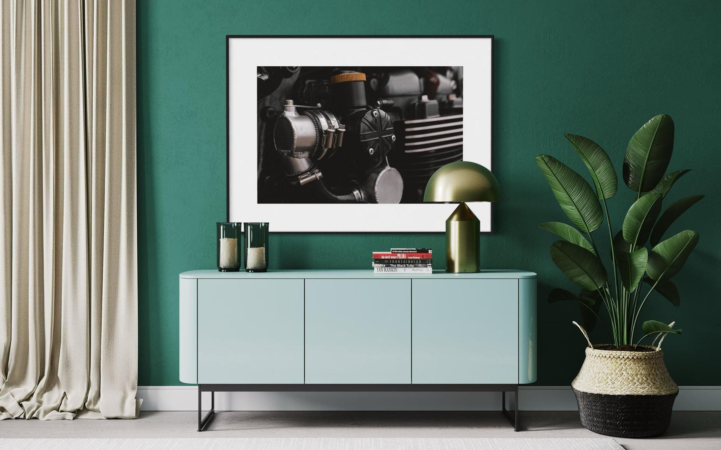 Triumph Motorcycle Engine Wall Art - Close-Up with Union Jack British Flag poster - Industrial British Design Photo for Garage or Man Cave