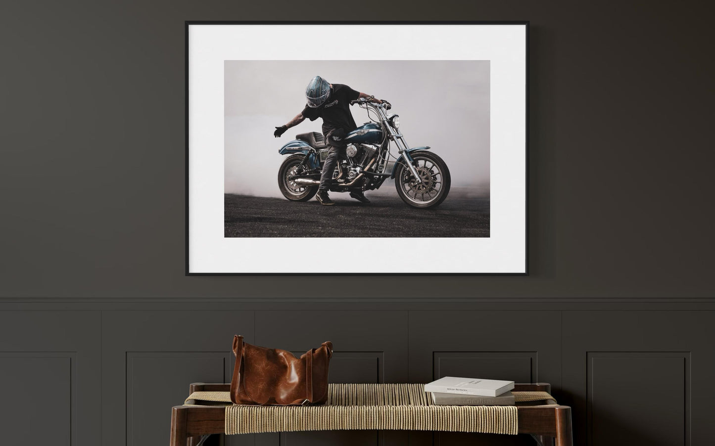 Fine Art Blue Motorcycle Wall Art - Stunt Biker with Burnout Smoke - Dyna Harley Davidson Decor for office, bedroom, Garage, Man Cave Decor