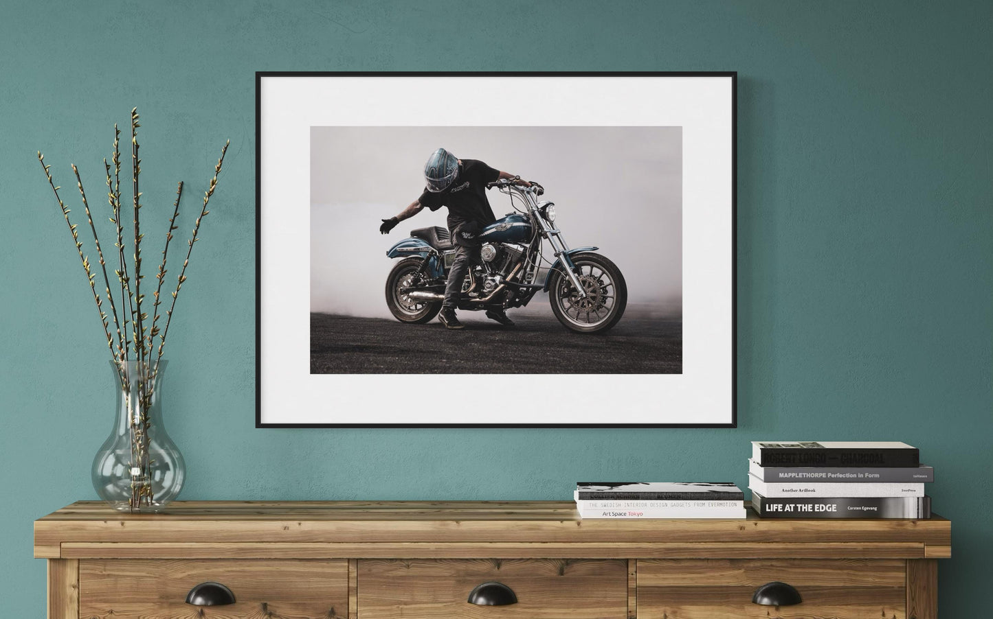 Fine Art Blue Motorcycle Wall Art - Stunt Biker with Burnout Smoke - Dyna Harley Davidson Decor for office, bedroom, Garage, Man Cave Decor