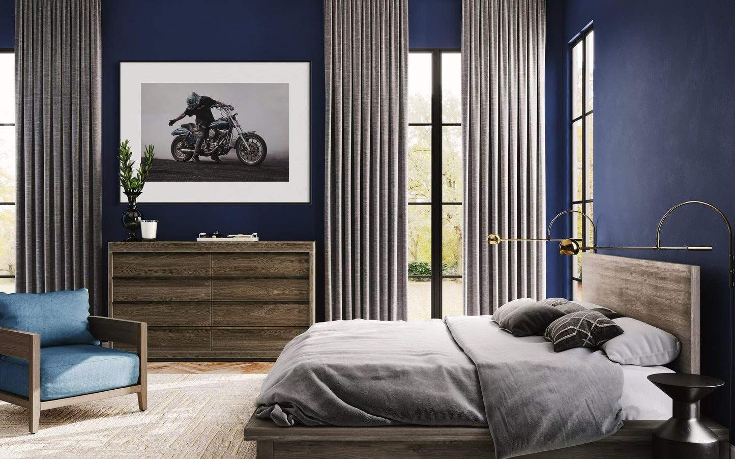 Fine Art Blue Motorcycle Wall Art - Stunt Biker with Burnout Smoke - Dyna Harley Davidson Decor for office, bedroom, Garage, Man Cave Decor
