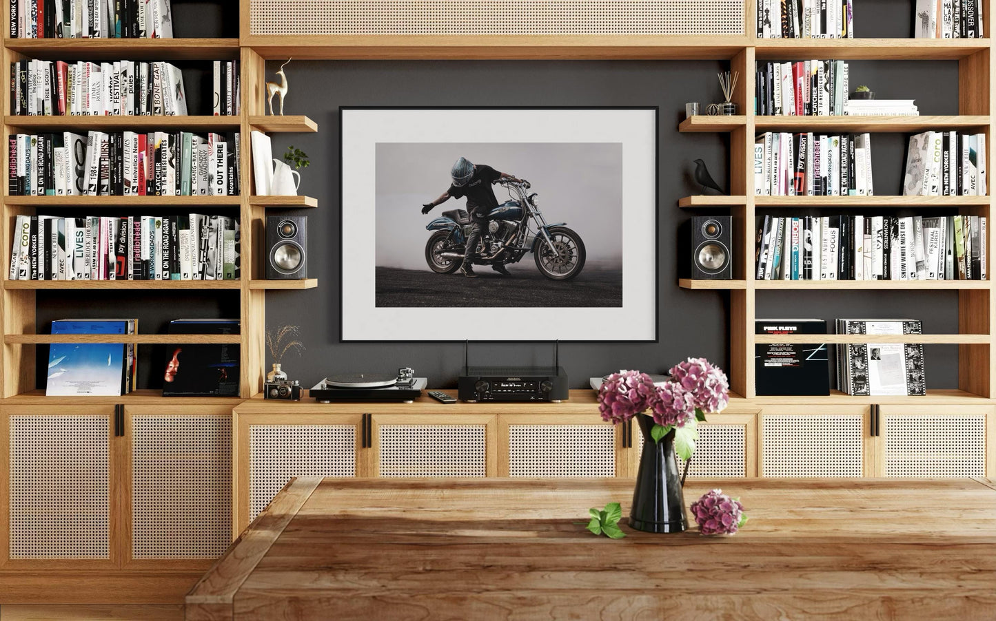 Fine Art Blue Motorcycle Wall Art - Stunt Biker with Burnout Smoke - Dyna Harley Davidson Decor for office, bedroom, Garage, Man Cave Decor