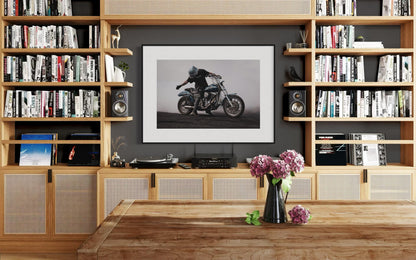 Fine Art Blue Motorcycle Wall Art - Stunt Biker with Burnout Smoke - Dyna Harley Davidson Decor for office, bedroom, Garage, Man Cave Decor