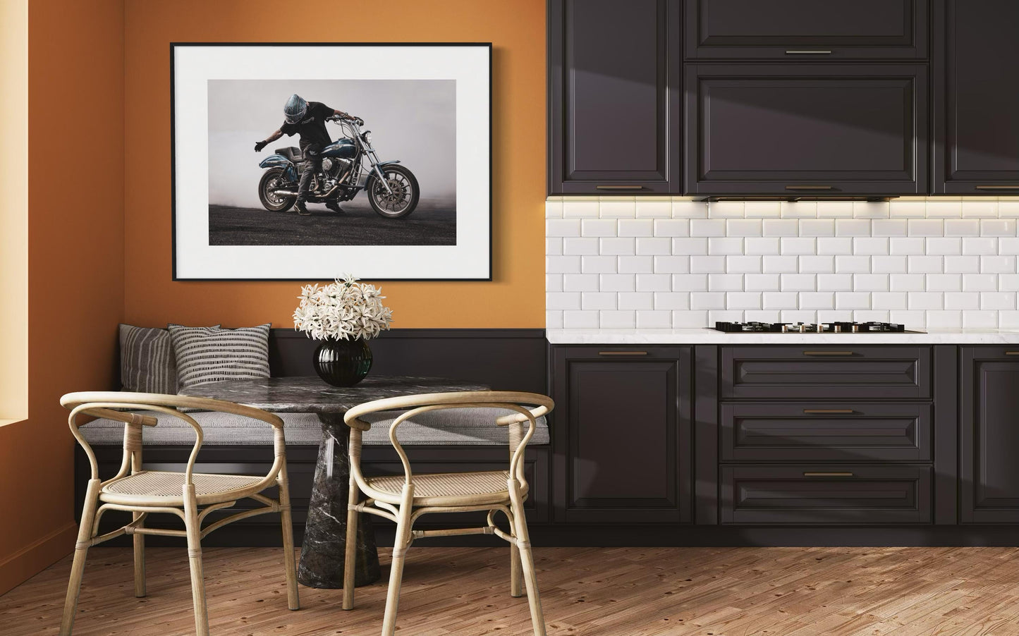 Fine Art Blue Motorcycle Wall Art - Stunt Biker with Burnout Smoke - Dyna Harley Davidson Decor for office, bedroom, Garage, Man Cave Decor