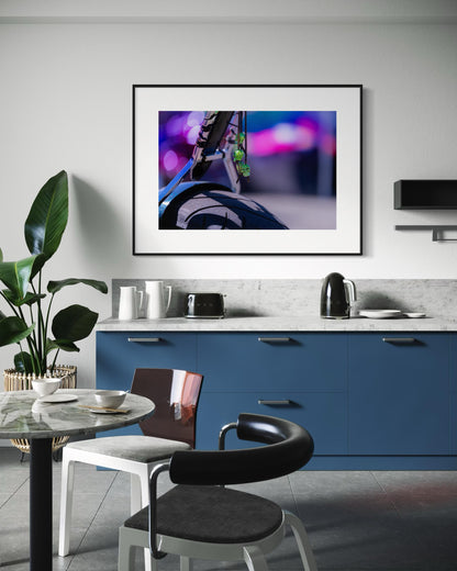 Vibrant Motorcycle Rear Fender Detail with Neon Green Skull Charms - Bokeh Art Photography for Modern Decor Wall Art Print Poster