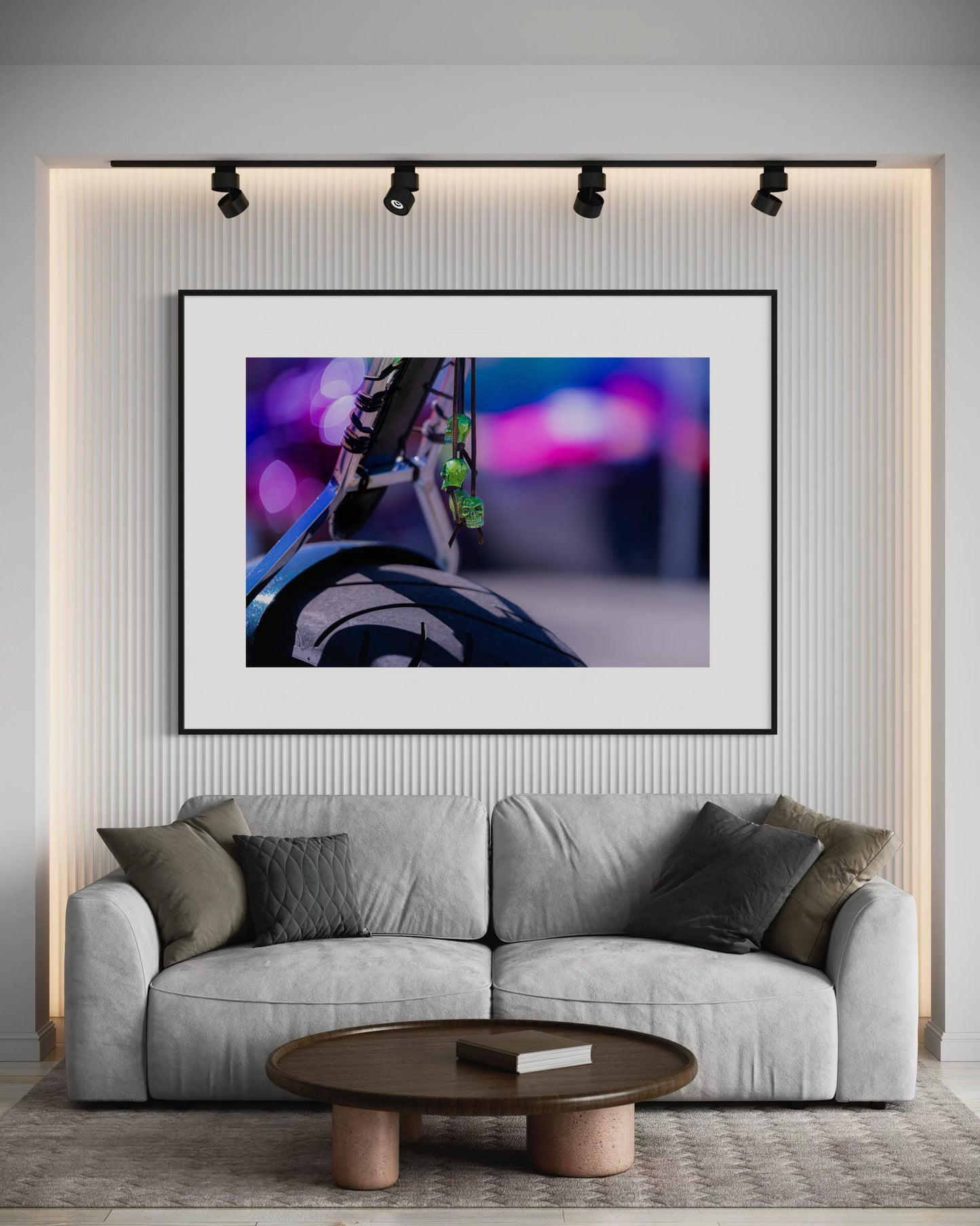 Vibrant Motorcycle Rear Fender Detail with Neon Green Skull Charms - Bokeh Art Photography for Modern Decor Wall Art Print Poster