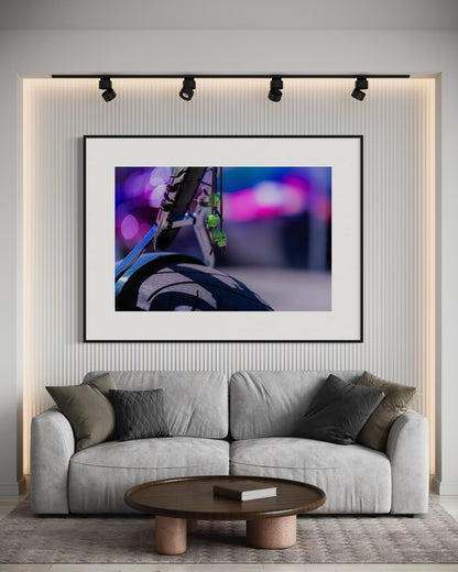 Vibrant Motorcycle Rear Fender Detail with Neon Green Skull Charms - Bokeh Art Photography for Modern Decor Wall Art Print Poster
