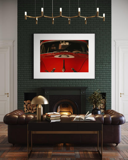 Fine Art Print - Classic Red Porsche 356 Hood Close-Up - 8 ball - Classic Racing Wall Art Poster, for car decor, garage, or office spaces.