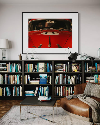 Fine Art Print - Classic Red Porsche 356 Hood Close-Up - 8 ball - Classic Racing Wall Art Poster, for car decor, garage, or office spaces.