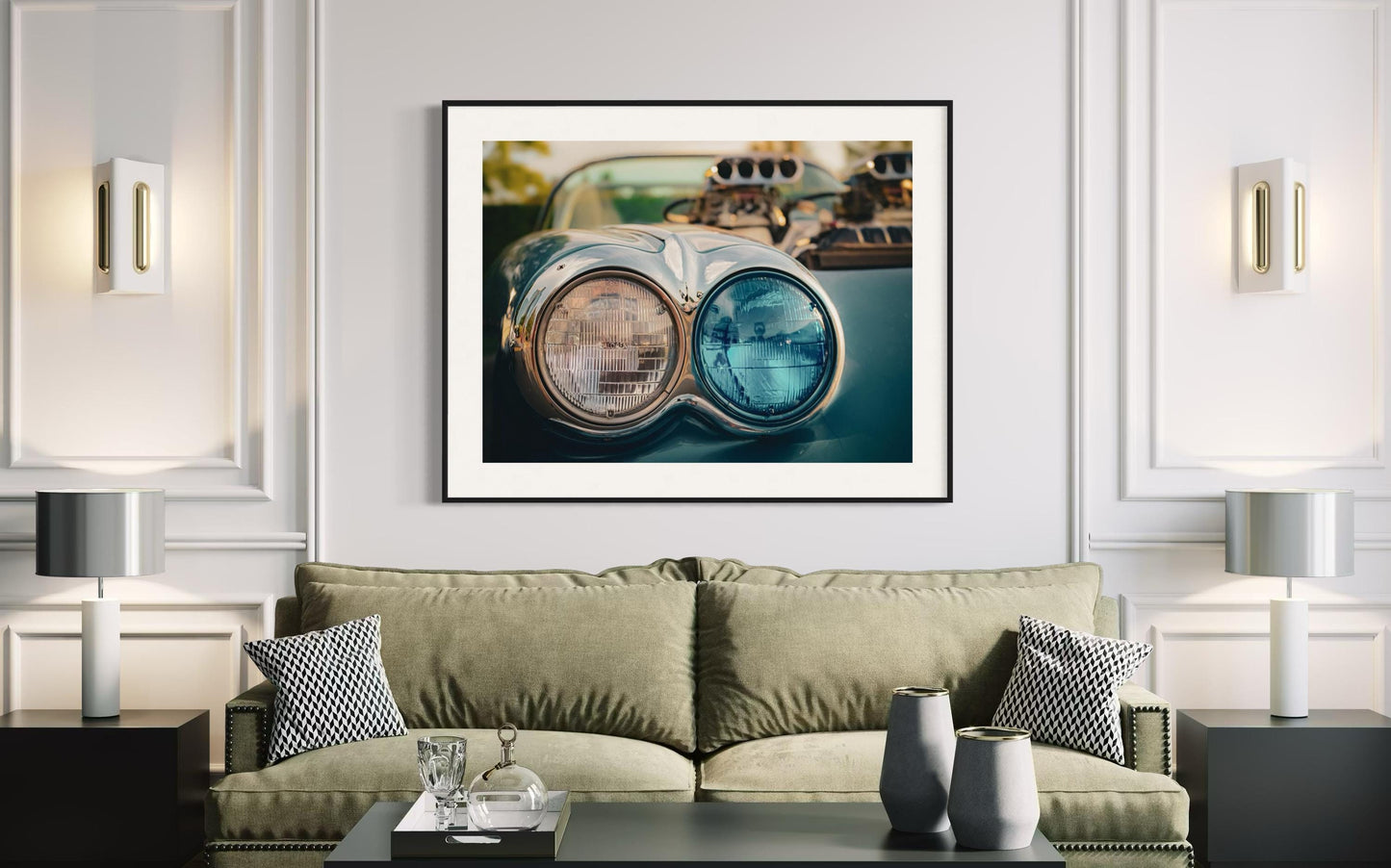Chevrolet Corvette Wall Art - Classic Car Headlights Photography Print - Retro Blue Corvette Artwork for Garage, Office, or Living Room