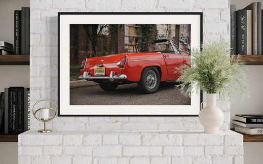 Fine Art print - MG Midget 1965 Wall Art - Vintage Red Convertible Poster Print - Retro Classic Car Decor for Living Room, Garage, or Office