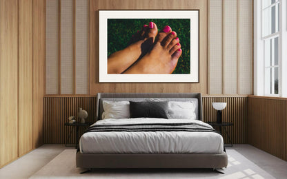 Fine Art Print - Lifestyle Summer Wall Art - Close-Up of Feet with Pink Nail Polish on Grass - Outdoor Decor for Home Decor, Poster, Gift