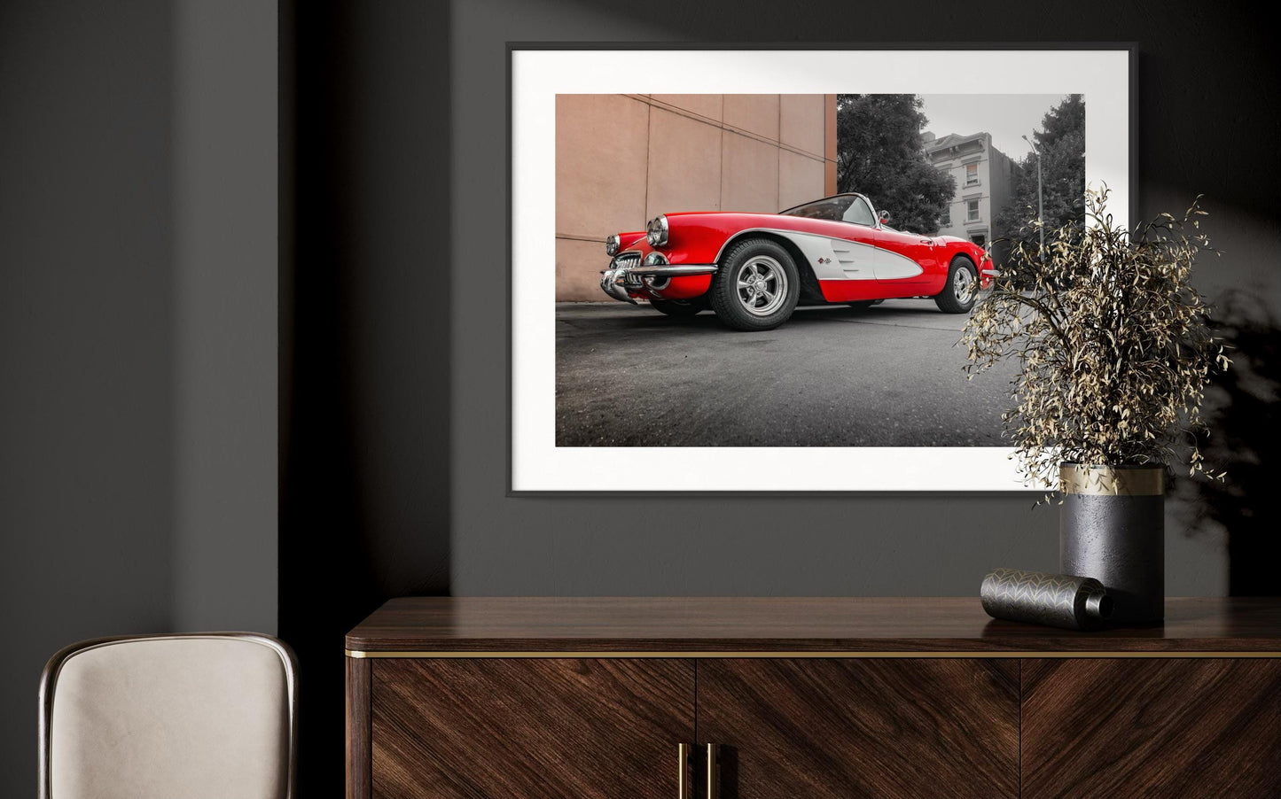 FINE ART PRINT -  Corvette Wall Art - Classic Car Photography Print - Retro Art Deco Red Classic Decor for Garage, Office, gift for him