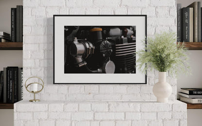Triumph Motorcycle Engine Wall Art - Close-Up with Union Jack British Flag poster - Industrial British Design Photo for Garage or Man Cave