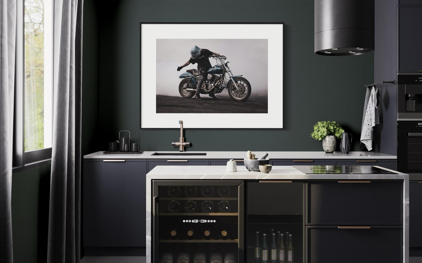Fine Art Blue Motorcycle Wall Art - Stunt Biker with Burnout Smoke - Dyna Harley Davidson Decor for office, bedroom, Garage, Man Cave Decor