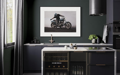Fine Art Blue Motorcycle Wall Art - Stunt Biker with Burnout Smoke - Dyna Harley Davidson Decor for office, bedroom, Garage, Man Cave Decor