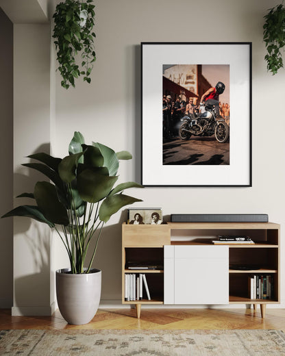 Brooklyn Street Motorcycle Stunt Wall Art - High-Energy Rider in Action - Urban Motorcycle Culture Poster - Indian Larry Block Party