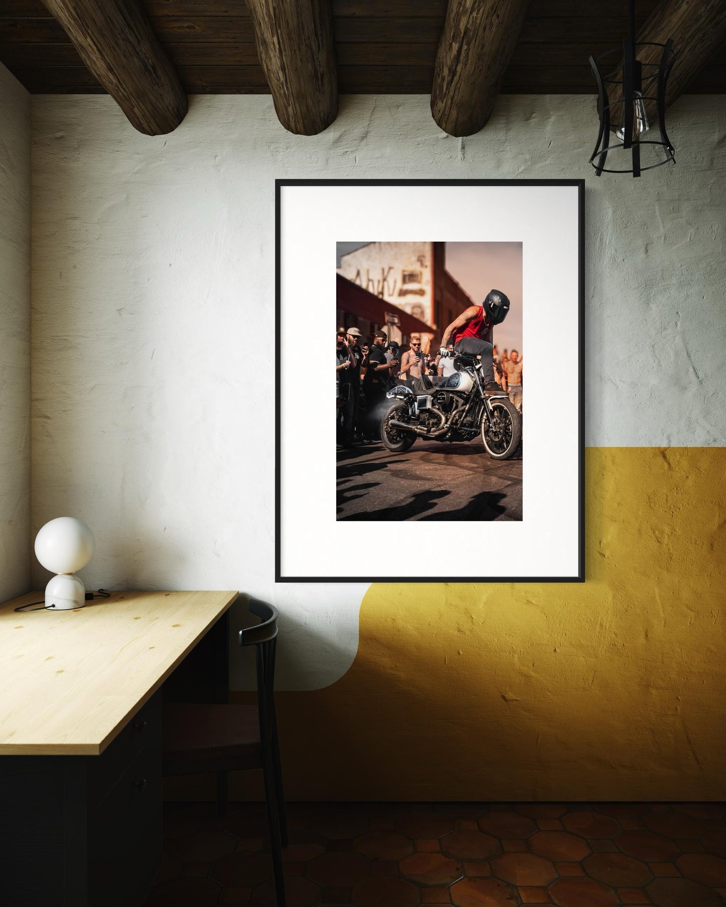 Brooklyn Street Motorcycle Stunt Wall Art - High-Energy Rider in Action - Urban Motorcycle Culture Poster - Indian Larry Block Party