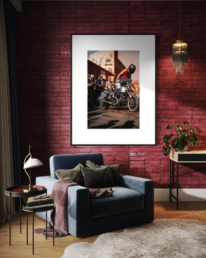 Brooklyn Street Motorcycle Stunt Wall Art - High-Energy Rider in Action - Urban Motorcycle Culture Poster - Indian Larry Block Party