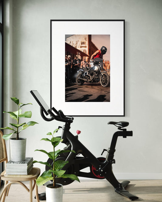 Brooklyn Street Motorcycle Stunt Wall Art - High-Energy Rider in Action - Urban Motorcycle Culture Poster - Indian Larry Block Party