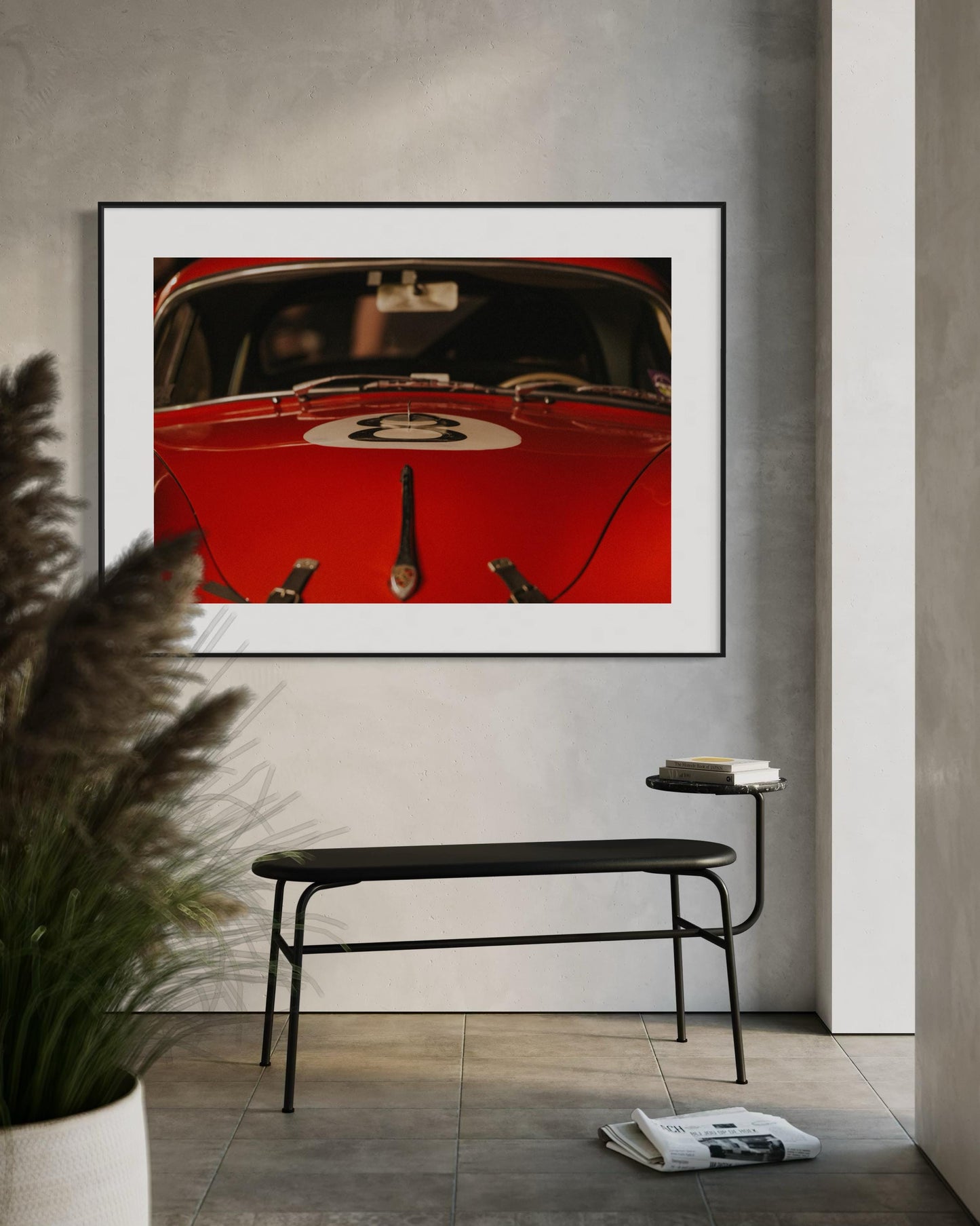 Fine Art Print - Classic Red Porsche 356 Hood Close-Up - 8 ball - Classic Racing Wall Art Poster, for car decor, garage, or office spaces.