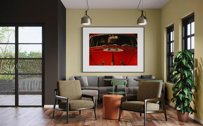 Fine Art Print - Classic Red Porsche 356 Hood Close-Up - 8 ball - Classic Racing Wall Art Poster, for car decor, garage, or office spaces.