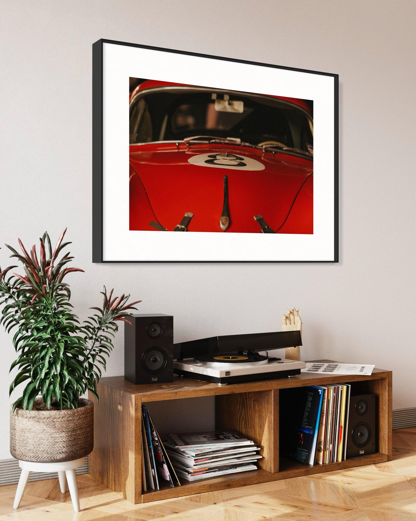 Fine Art Print - Classic Red Porsche 356 Hood Close-Up - 8 ball - Classic Racing Wall Art Poster, for car decor, garage, or office spaces.